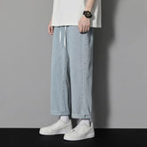 Threebooy Spring New Hong Kong Style Trendy Loose Wide Leg Jeans Men's Elastic Waist Drawstring Pocket Men's Trendy Casual Straight Pants